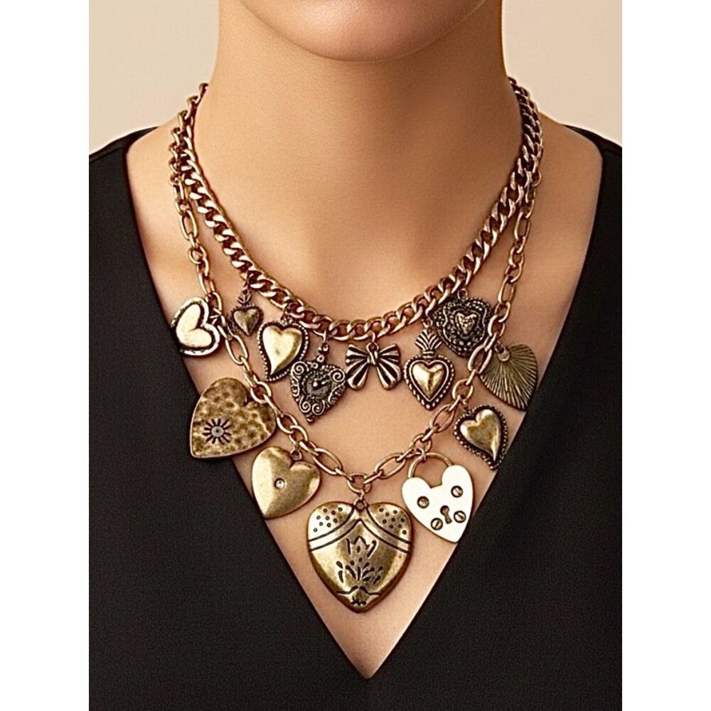 Gold Charm Necklace Layered Heart Stainless Steel Chunky Chain
